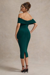 Bottle Green Bardot Midi Dress With Drape